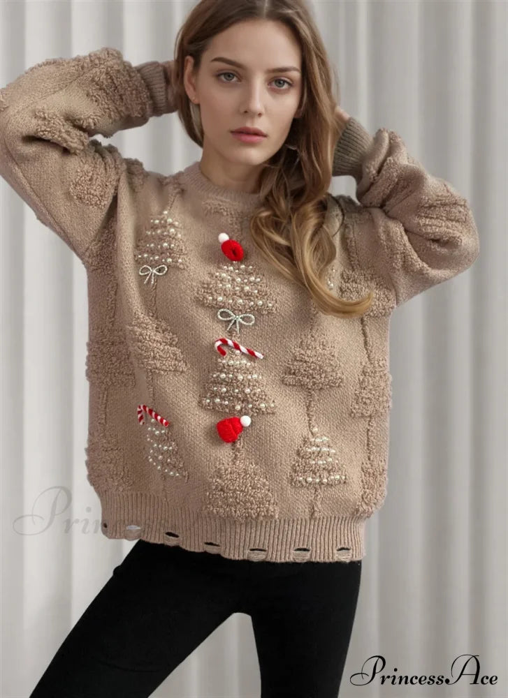 Korean Style O Neck Casual Loose Jumper Chic Bow Christmas Sweater Khaki / S Sweaters-L