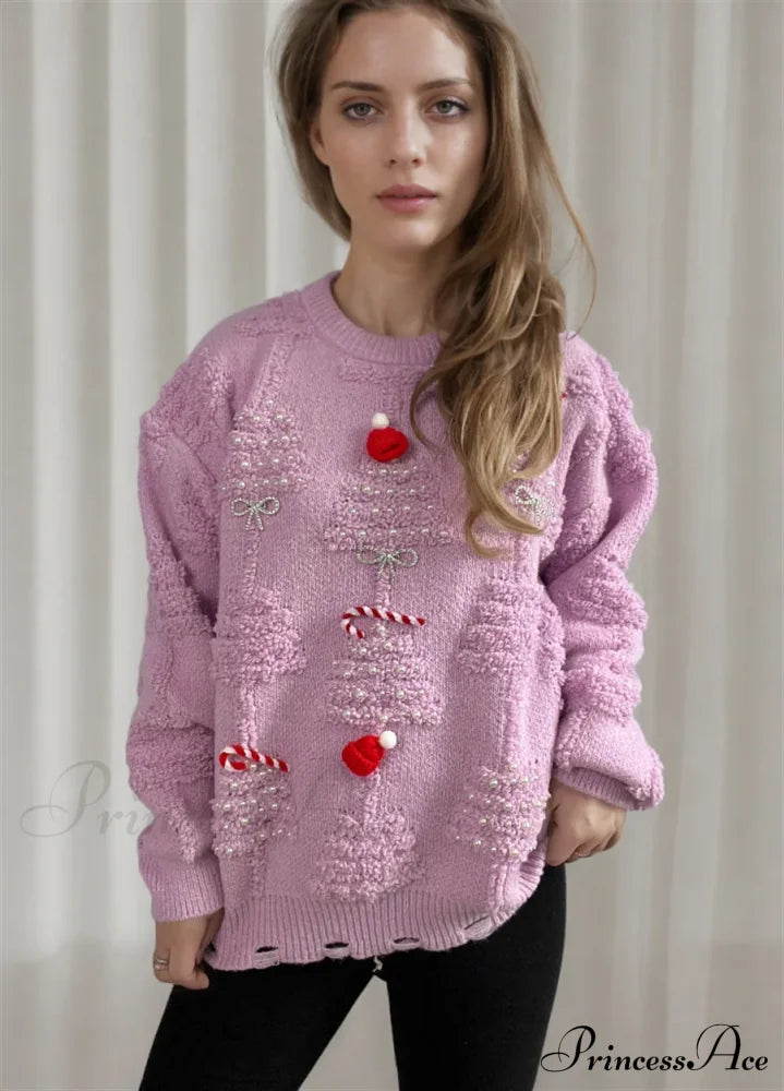 Korean Style O Neck Casual Loose Jumper Chic Bow Christmas Sweater Light Purple / S Sweaters-L