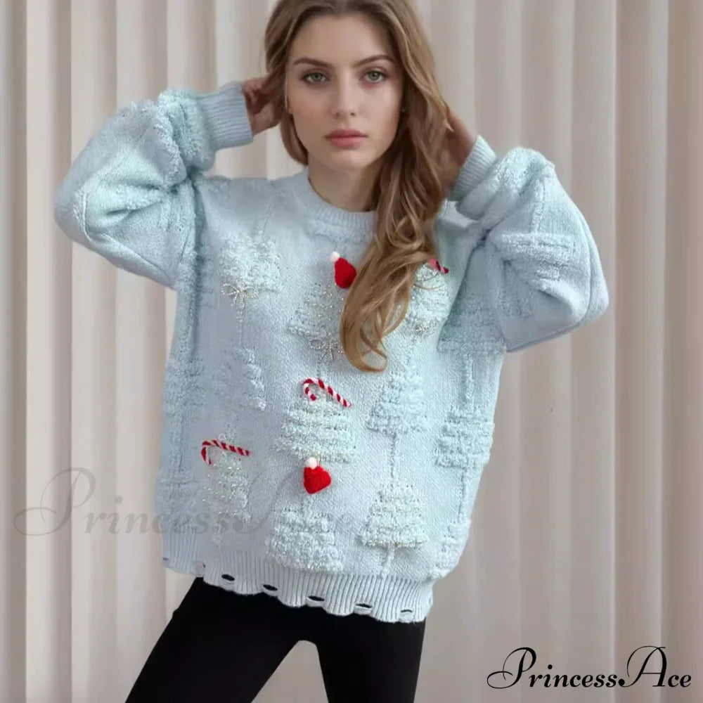 Korean Style O Neck Casual Loose Jumper Chic Bow Christmas Sweater Sweaters-L