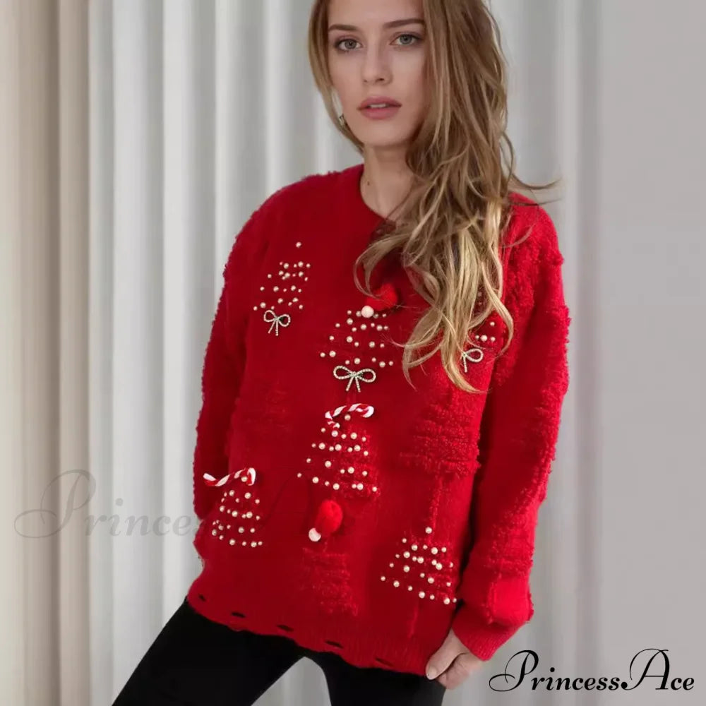 Korean Style O Neck Casual Loose Jumper Chic Bow Christmas Sweater Sweaters-L