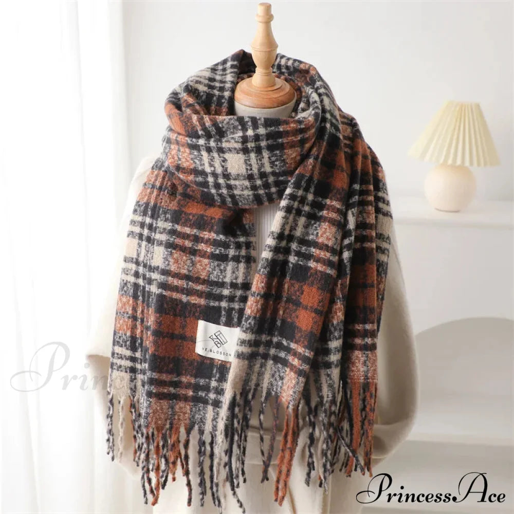 Korean Style Plaid Cashmere Pashmina Wrap Scarf - Winter Warm And Thick Black-Orange Scarfs-L