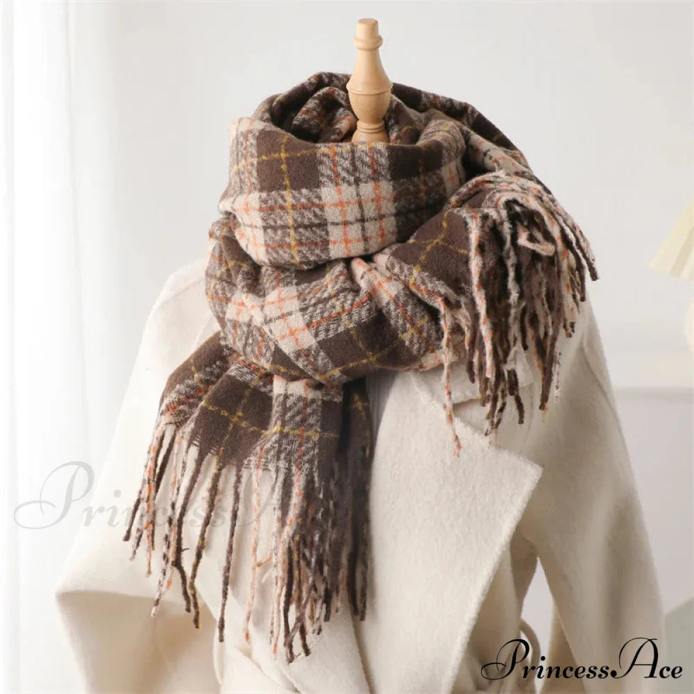 Korean Style Plaid Cashmere Pashmina Wrap Scarf - Winter Warm And Thick Brown Scarfs-L