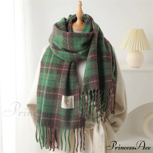 Korean Style Plaid Cashmere Pashmina Wrap Scarf - Winter Warm And Thick Green Scarfs-L