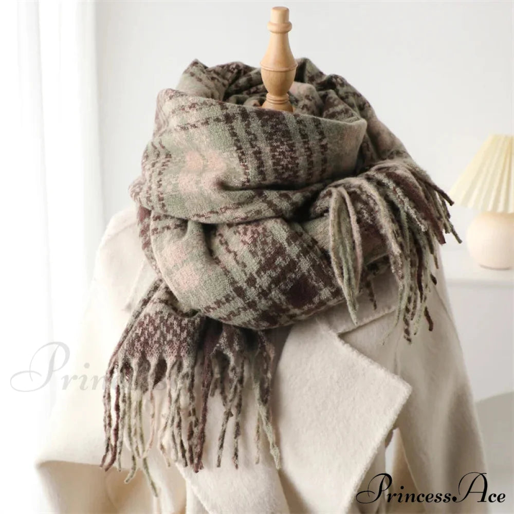 Korean Style Plaid Cashmere Pashmina Wrap Scarf - Winter Warm And Thick Grey Green Scarfs-L