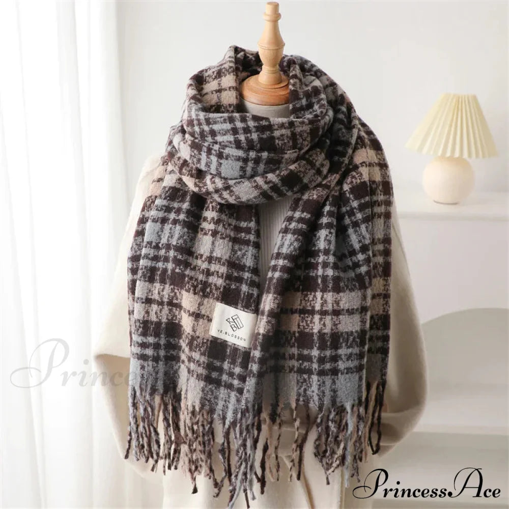 Korean Style Plaid Cashmere Pashmina Wrap Scarf - Winter Warm And Thick Light Blue Scarfs-L