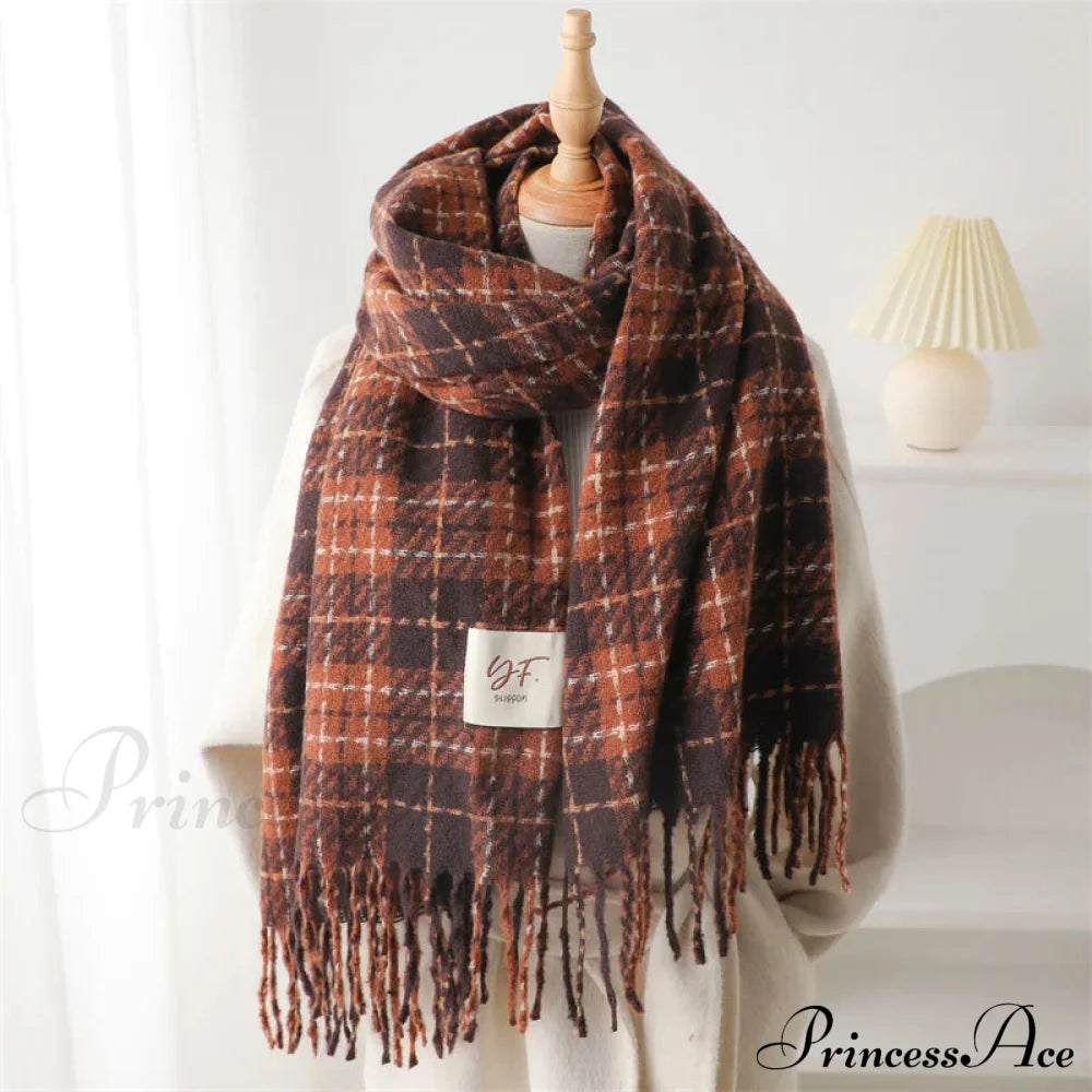 Korean Style Plaid Cashmere Pashmina Wrap Scarf - Winter Warm And Thick Orange Scarfs-L