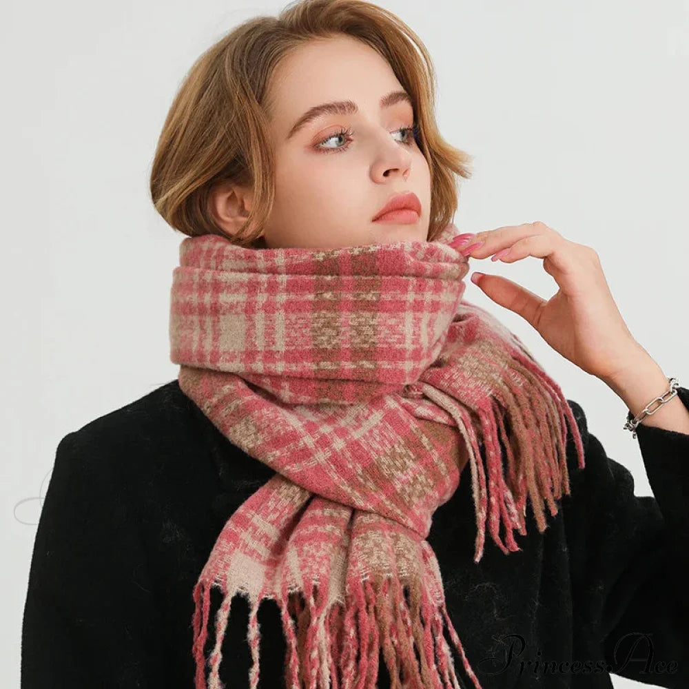 Korean Style Plaid Cashmere Pashmina Wrap Scarf - Winter Warm And Thick Pink Scarfs-L