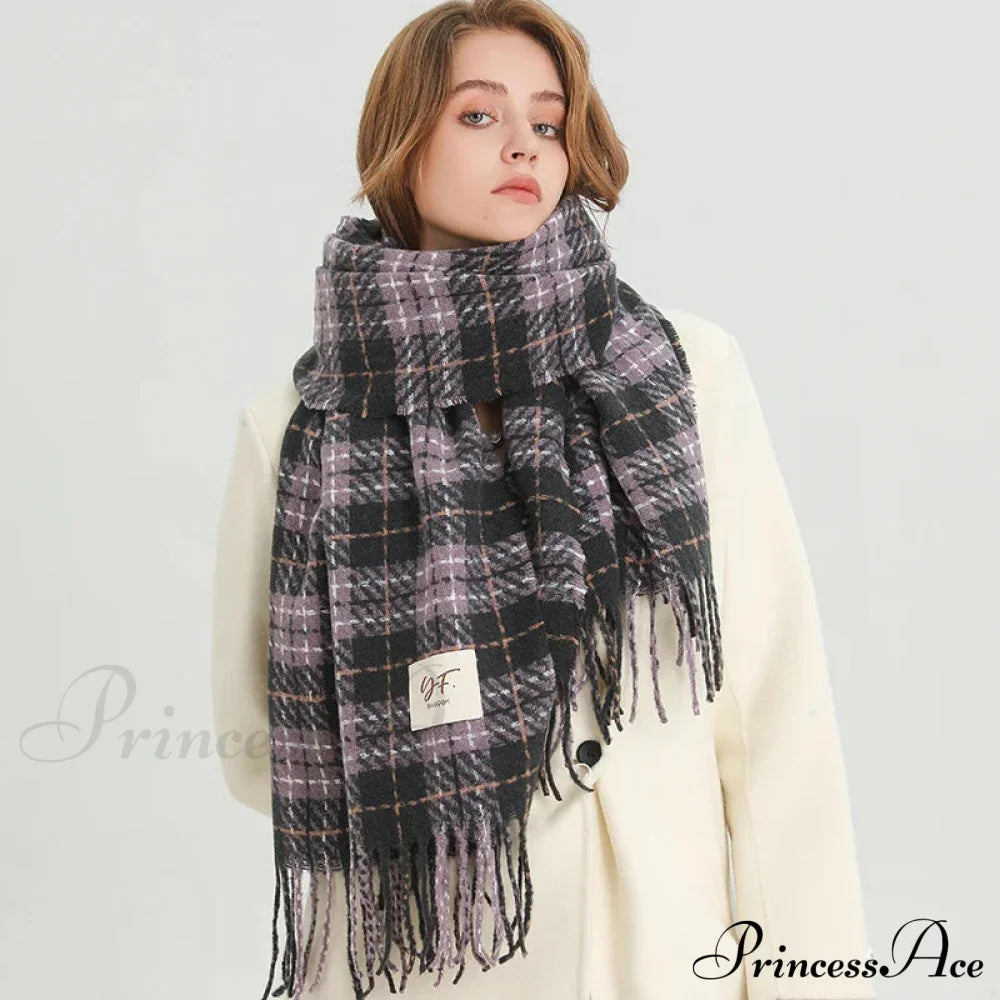 Korean Style Plaid Cashmere Pashmina Wrap Scarf - Winter Warm And Thick Purple Scarfs-L