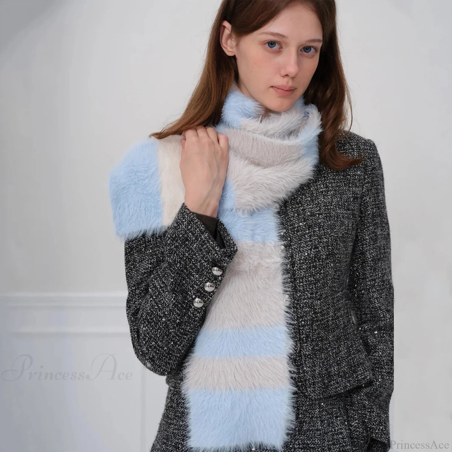 Korean Style Soft Warm Stripe Knitted Scarf For Autumn/Winter Blue And Beige / L173Cm W14Cm Scarfs-L