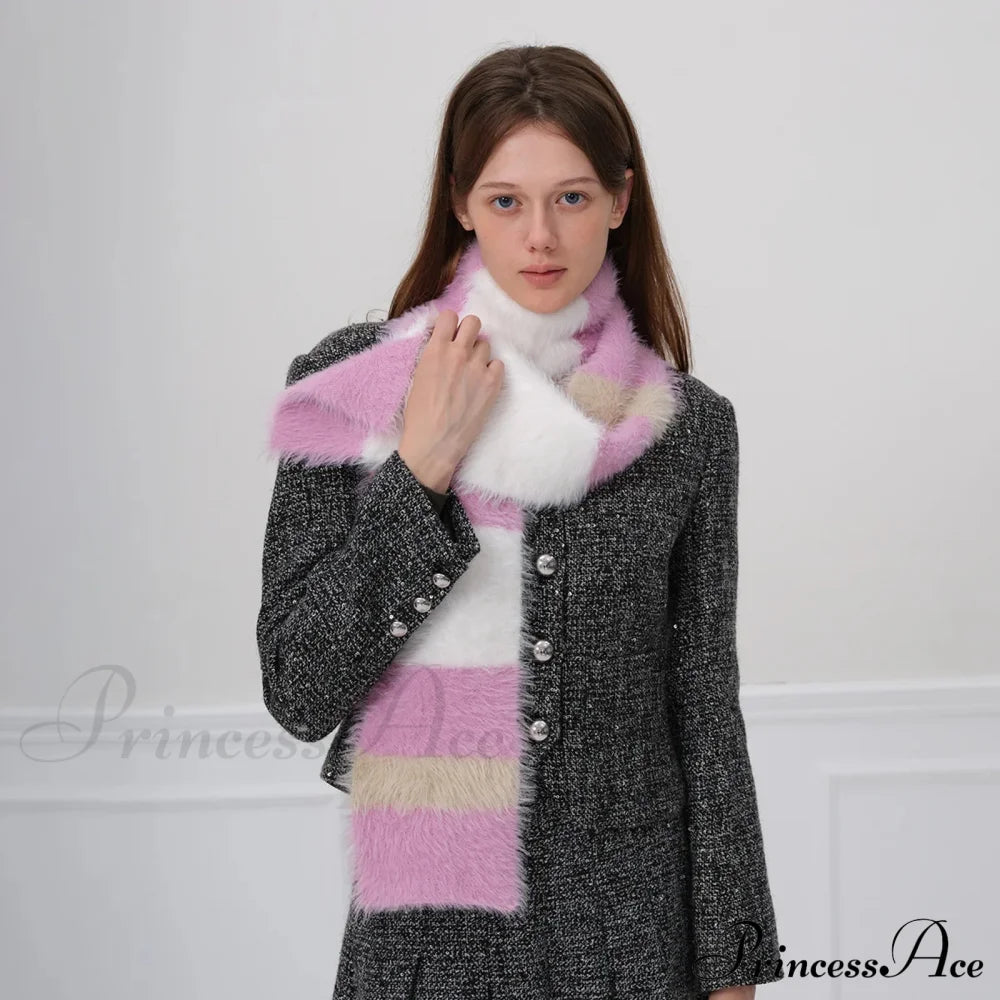 Korean Style Soft Warm Stripe Knitted Scarf For Autumn/Winter Pink And White / L173Cm W14Cm Scarfs-L