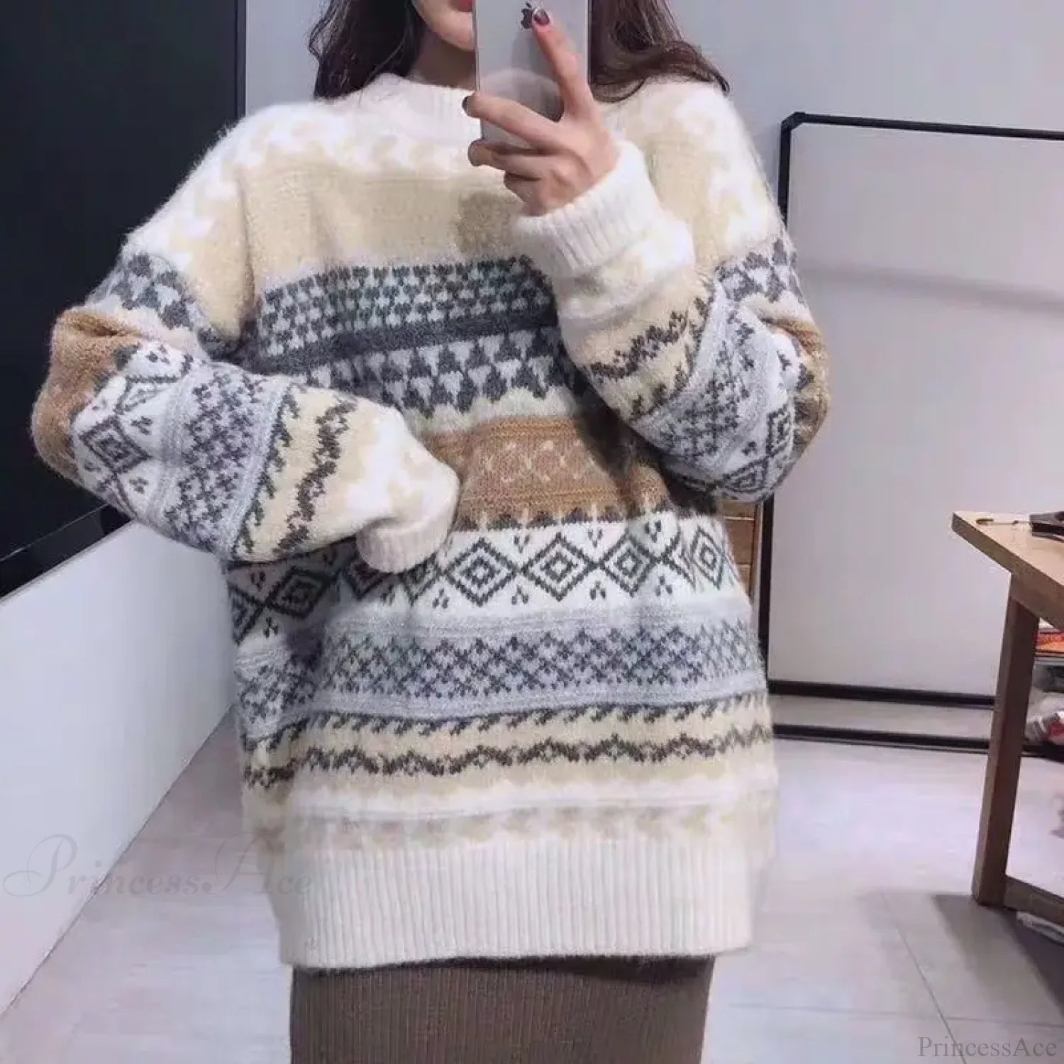 Korean Style Striped Loose Pullover Sweater White / One Size