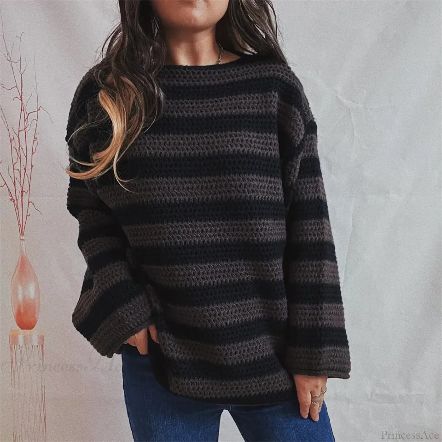 Korean Style Striped Oversized Sweater Brown / S