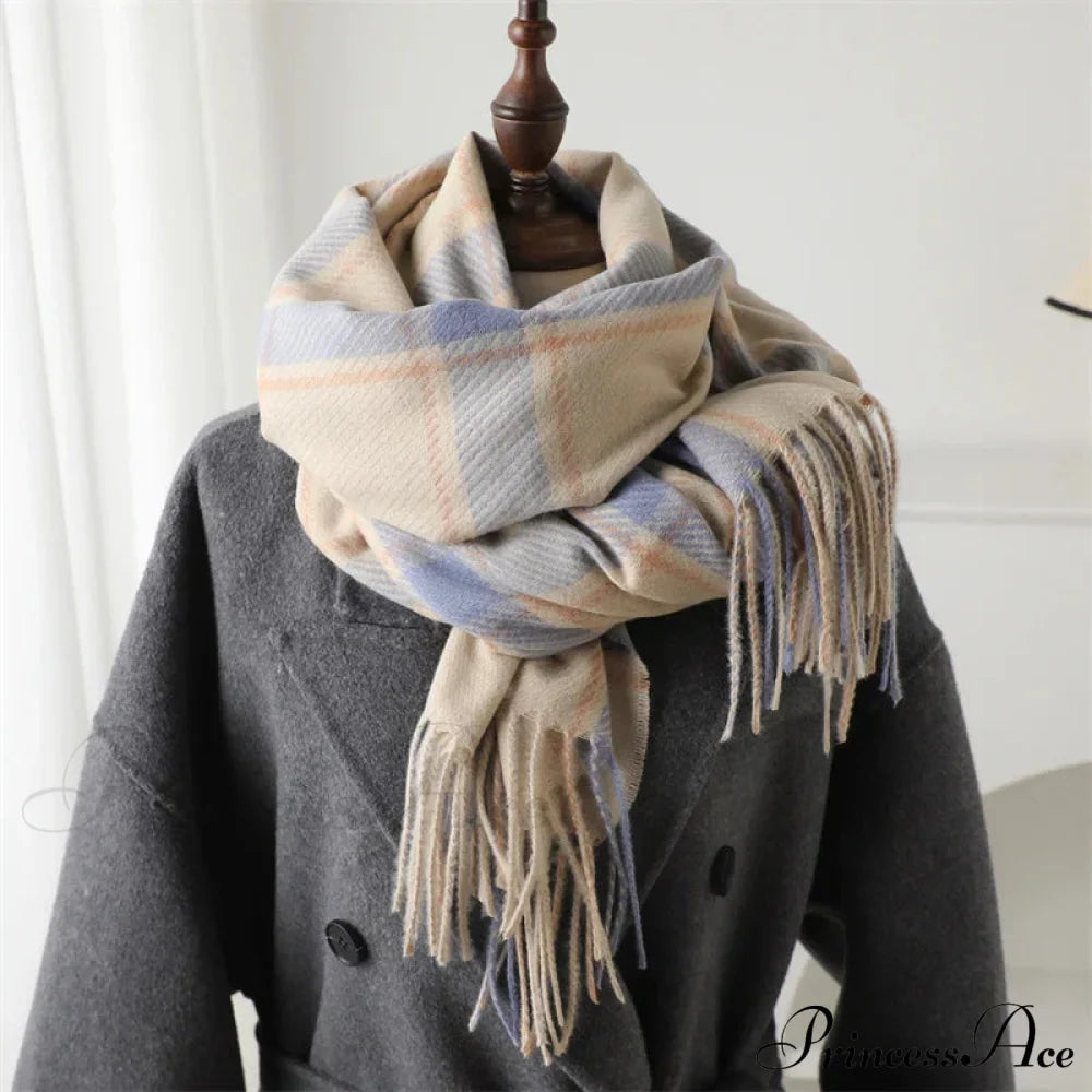 Korean Style Thick Warm Shawl Wrap Plaid Cashmere Blanket Scarf Beige Scarfs-L