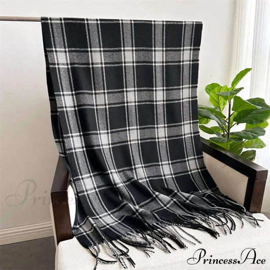 Korean Style Thick Warm Shawl Wrap Plaid Cashmere Blanket Scarf Black Scarfs-L