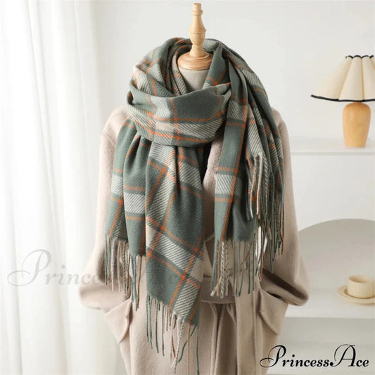 Korean Style Thick Warm Shawl Wrap Plaid Cashmere Blanket Scarf Green Scarfs-L