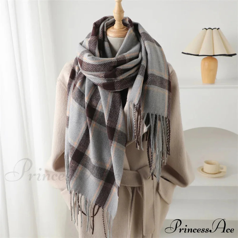 Korean Style Thick Warm Shawl Wrap Plaid Cashmere Blanket Scarf Light Brown Scarfs-L