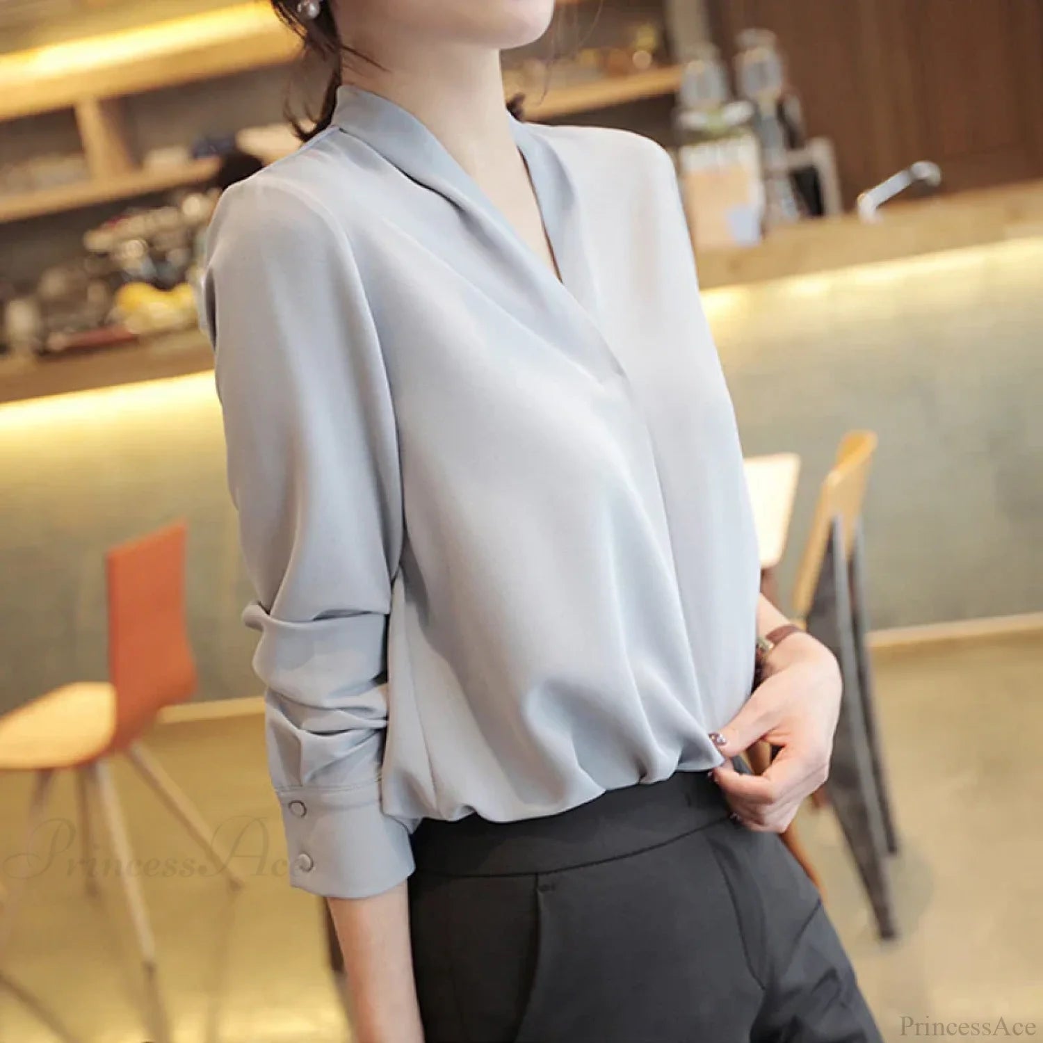 Korean Style V-neck Loose Chiffon Office Blouse blouse-250126