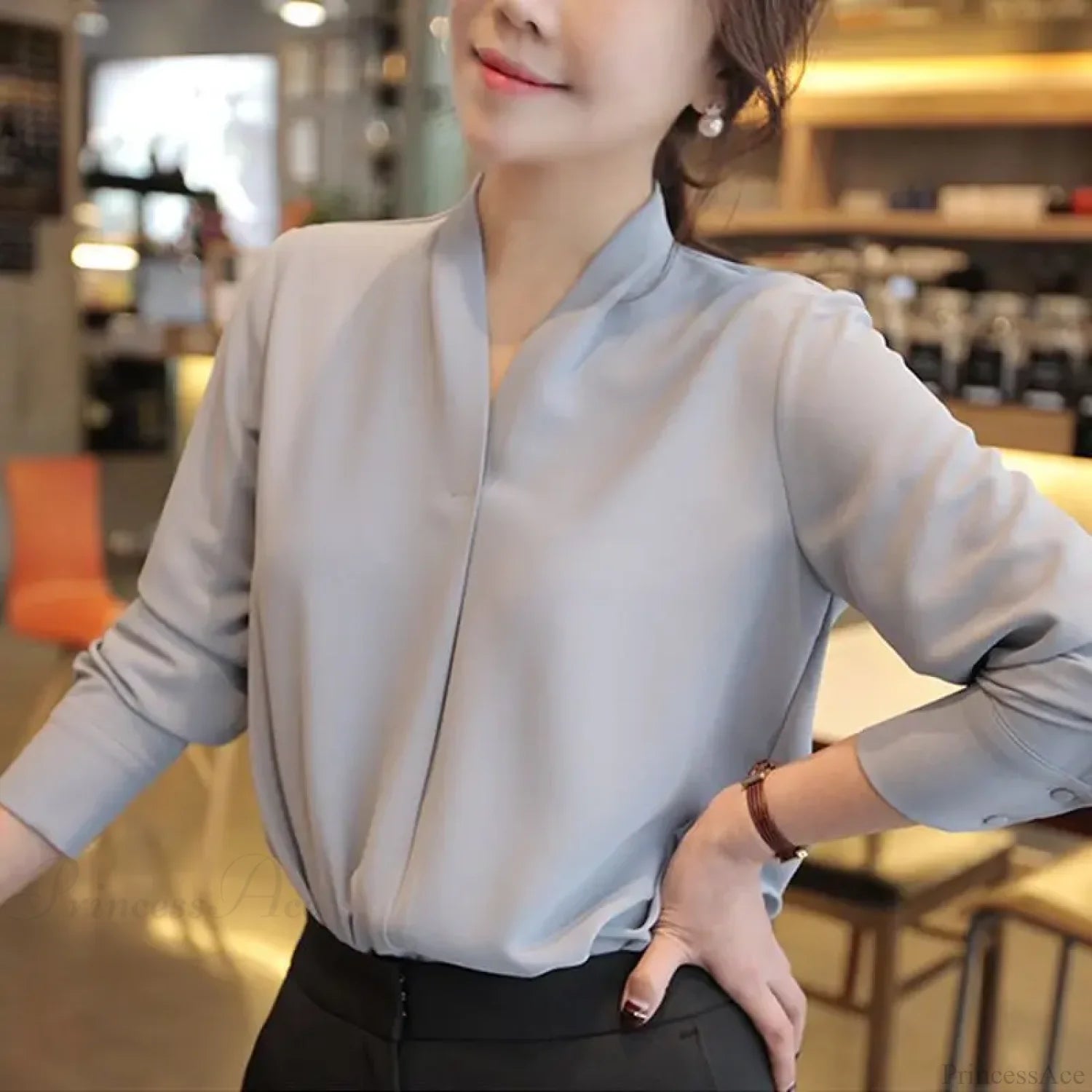 Korean Style V-neck Loose Chiffon Office Blouse blouse-250126