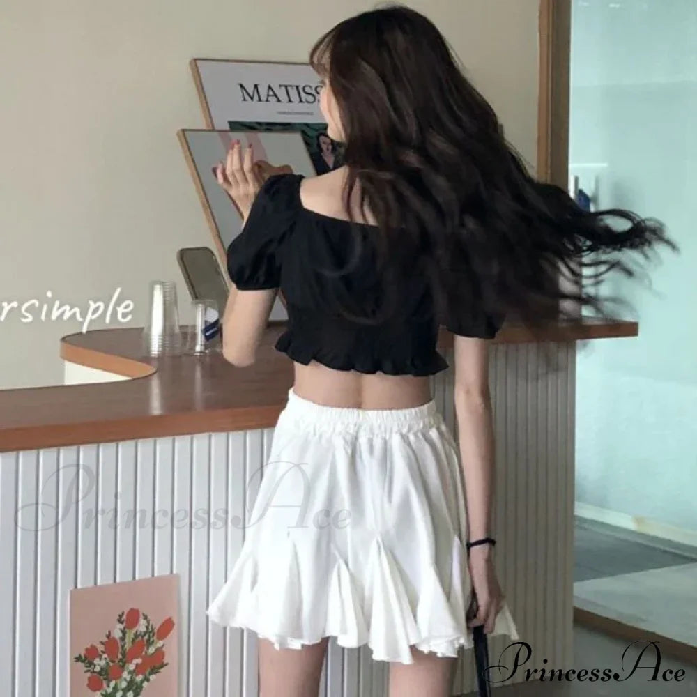 Korean Style Waist Lace-Up Ruffles Pleated Skirt