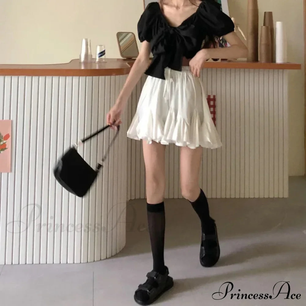 Korean Style Waist Lace-Up Ruffles Pleated Skirt