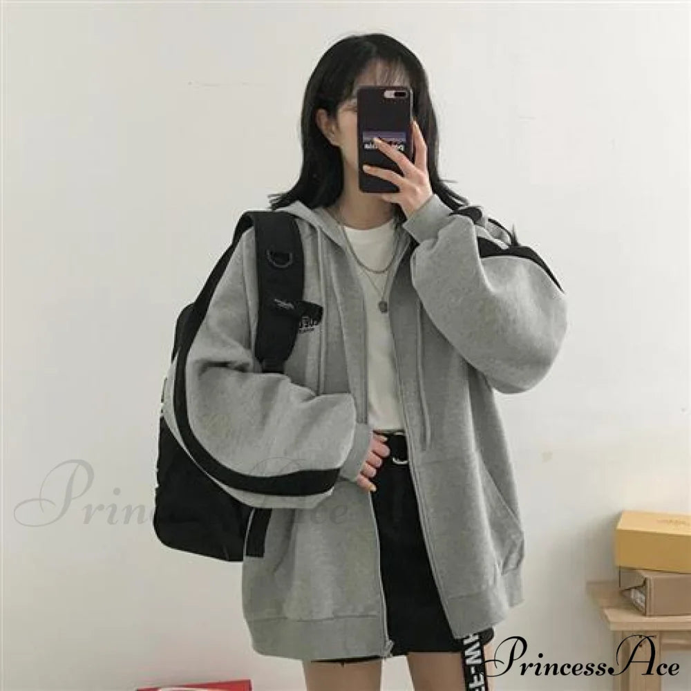 Korean Version Zip Up Loose Oversized Hoodie Black Grey / S Sweatshirts & Hoodies-L