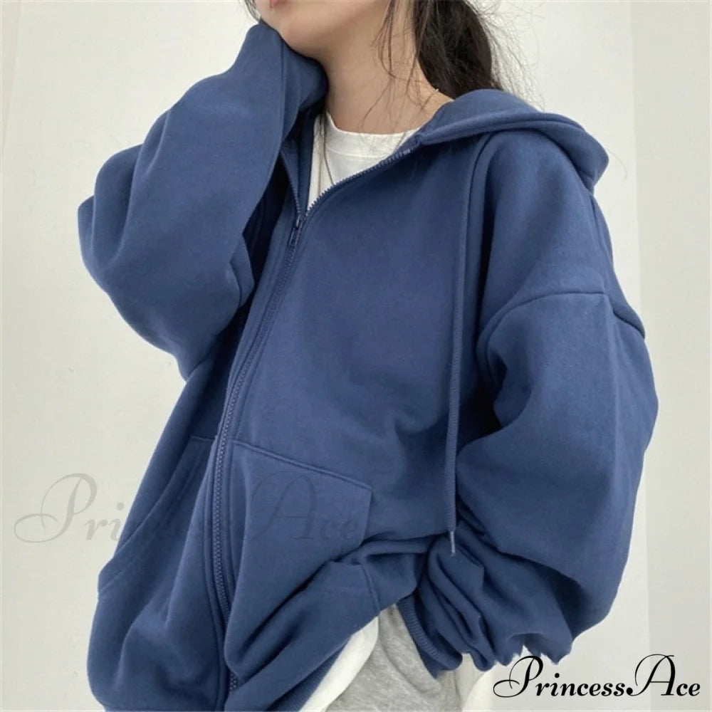 Korean Version Zip Up Loose Oversized Hoodie Blue / S Sweatshirts & Hoodies-L