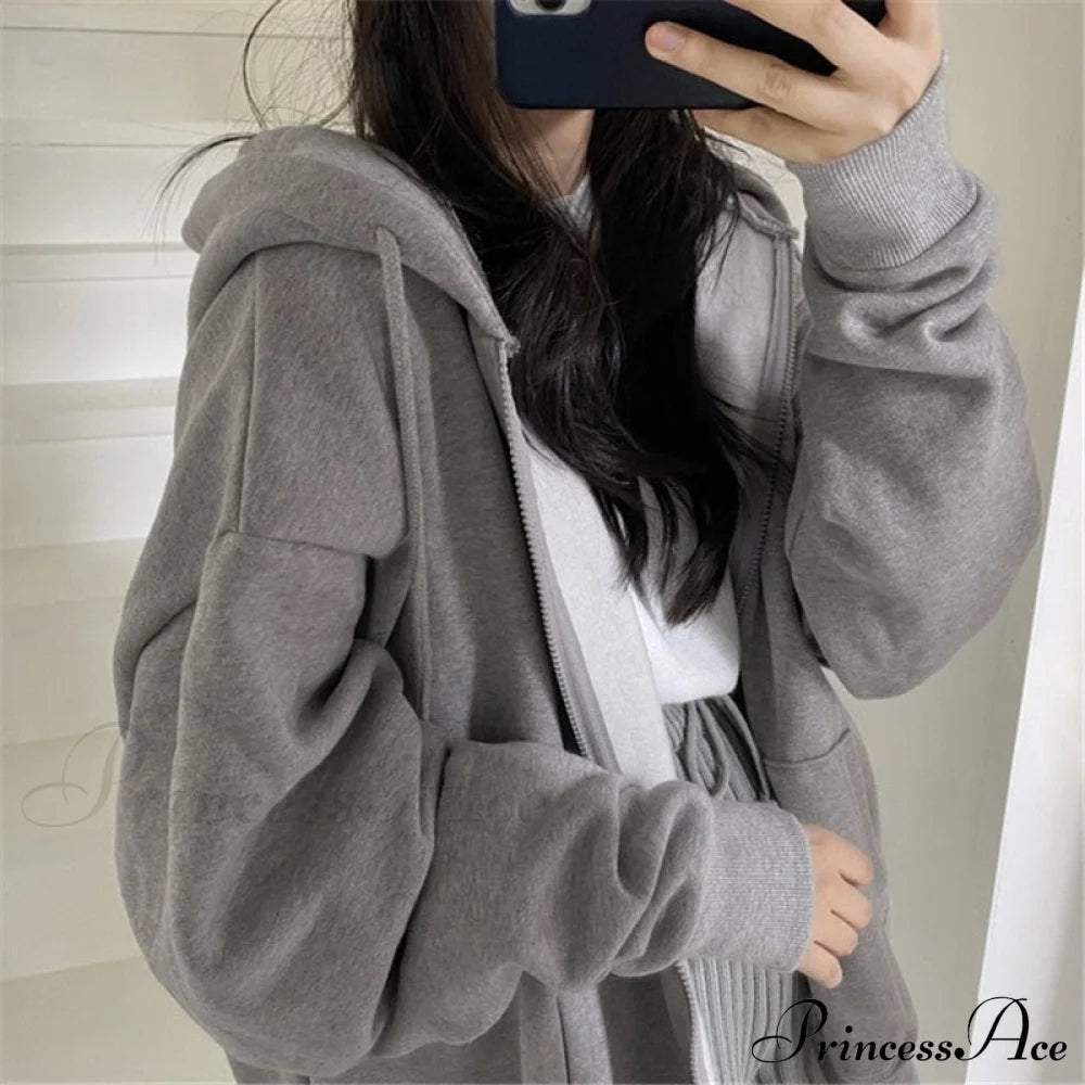 Korean Version Zip Up Loose Oversized Hoodie Sweatshirts & Hoodies-L