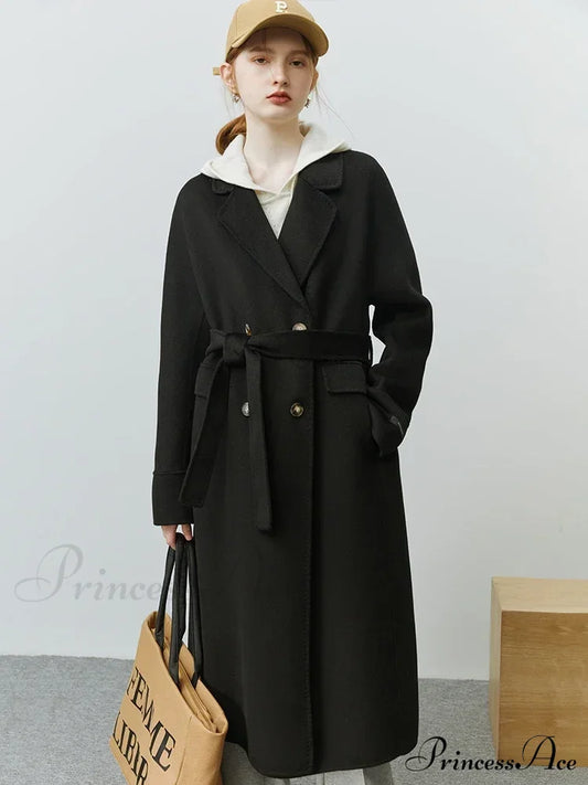 Korean Woolen Autumn Winter Solid Office Double-Sided Mid-Length Chic Coat Black / S Coats-L