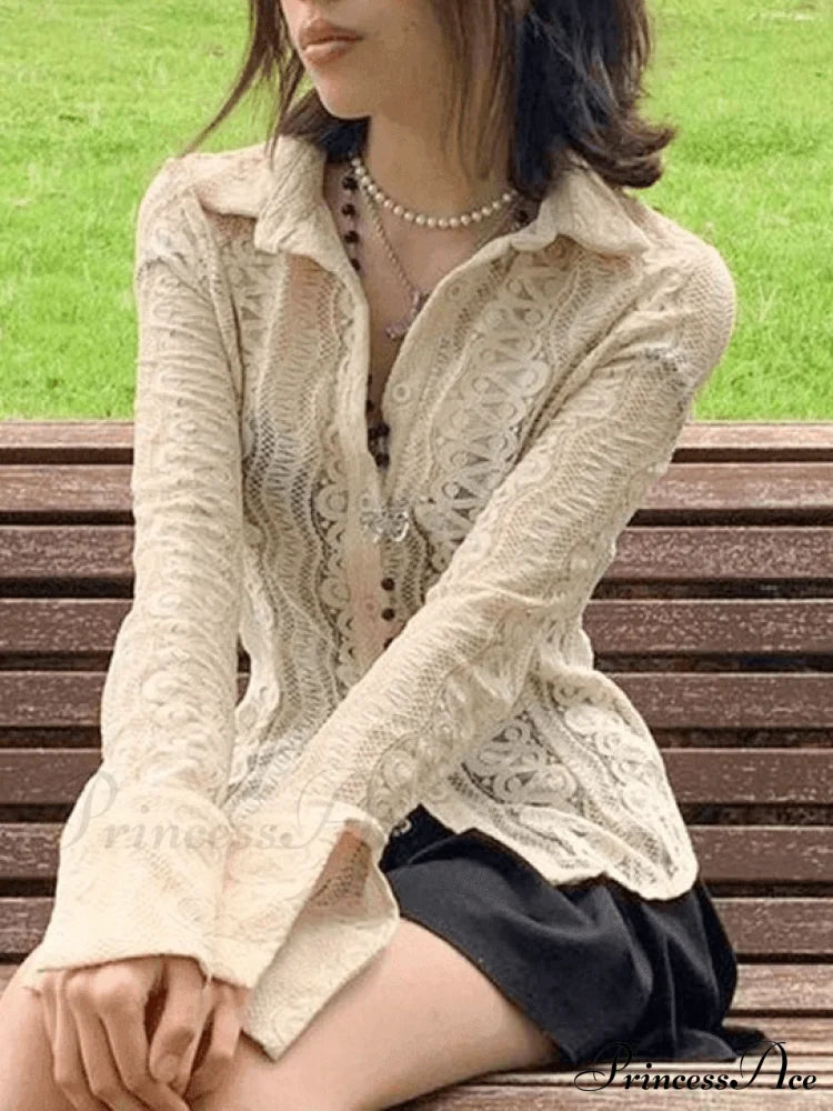 Lace Charming V-Neck Blouse Beige / S Shirts