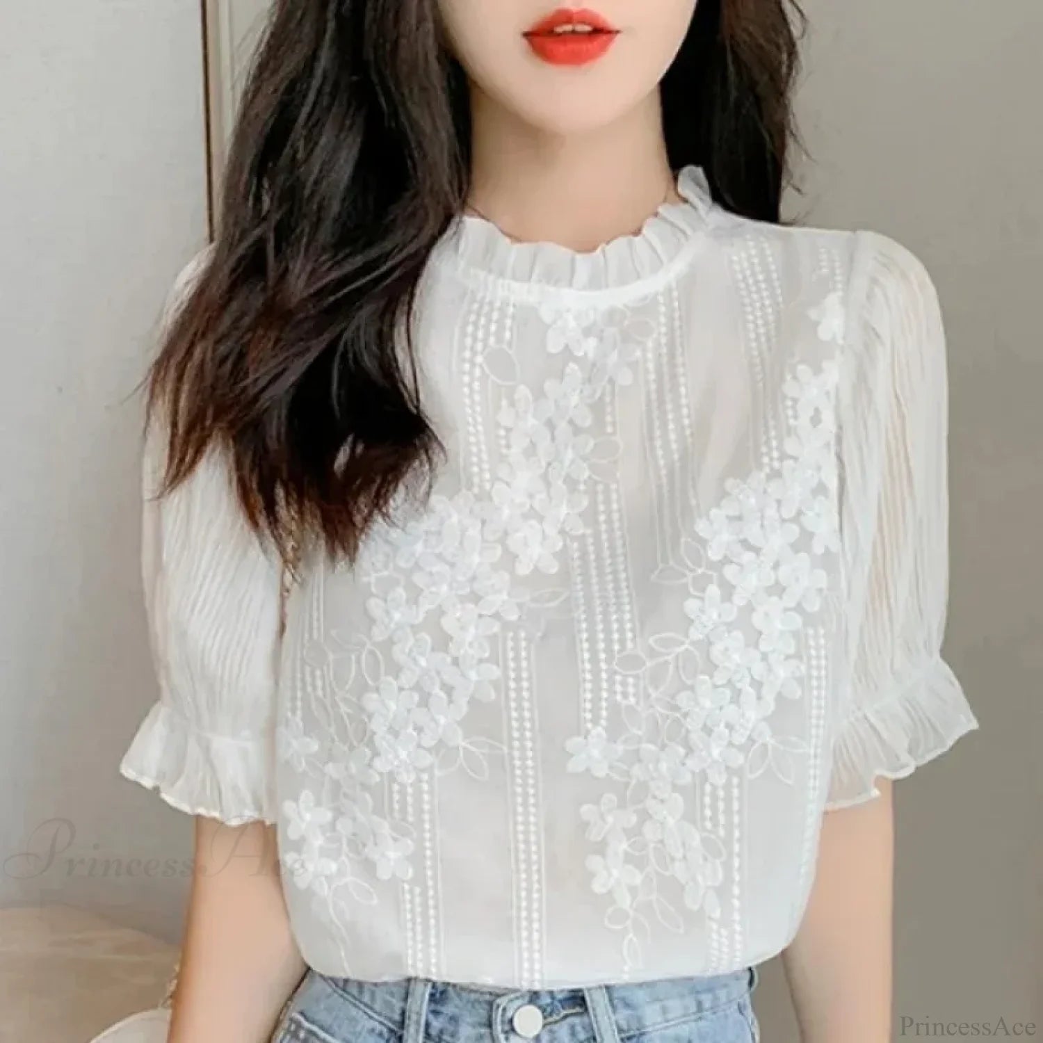 Lace Chiffon Short Sleeve Embroidery Blouse blouse-250126