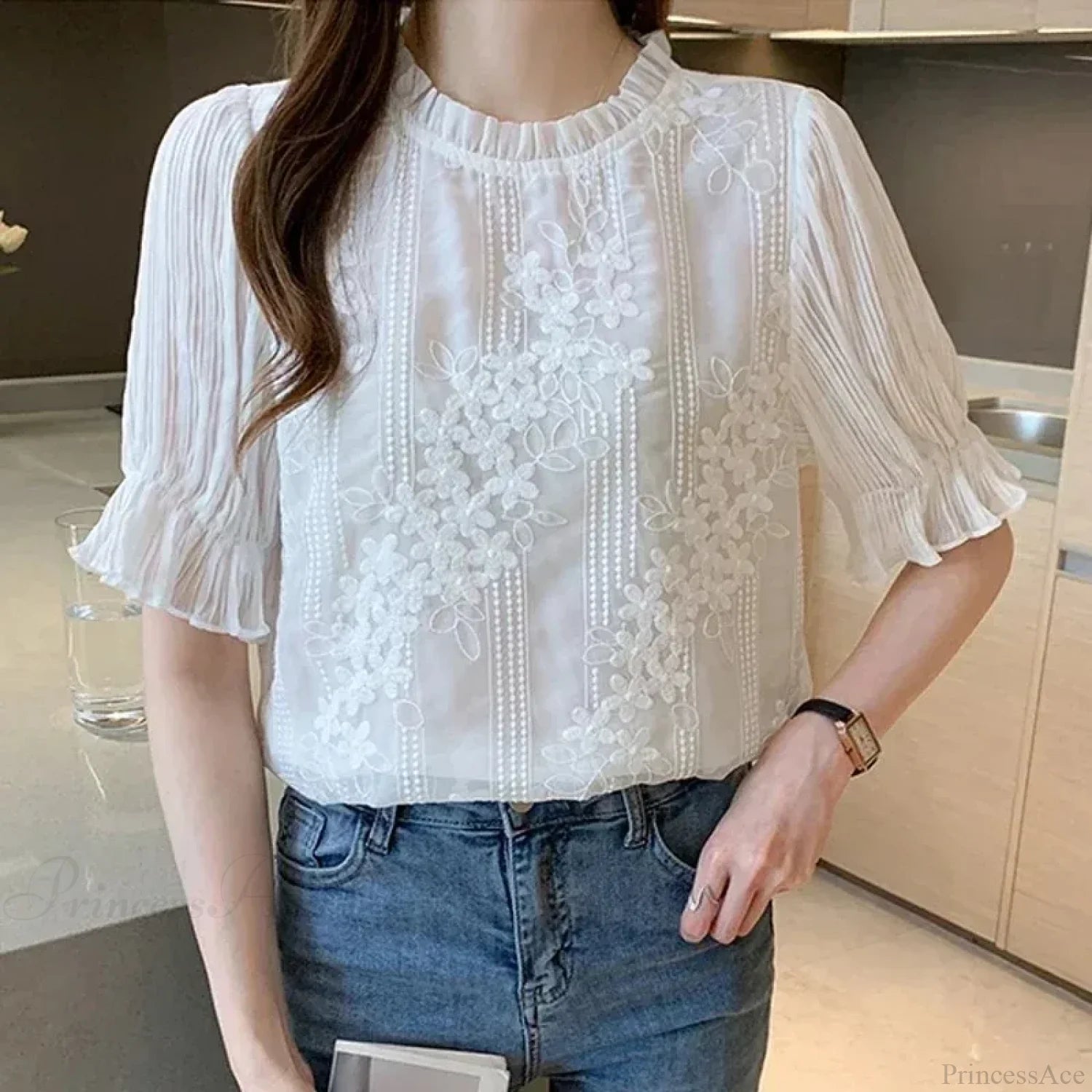 Lace Chiffon Short Sleeve Embroidery Blouse blouse-250126