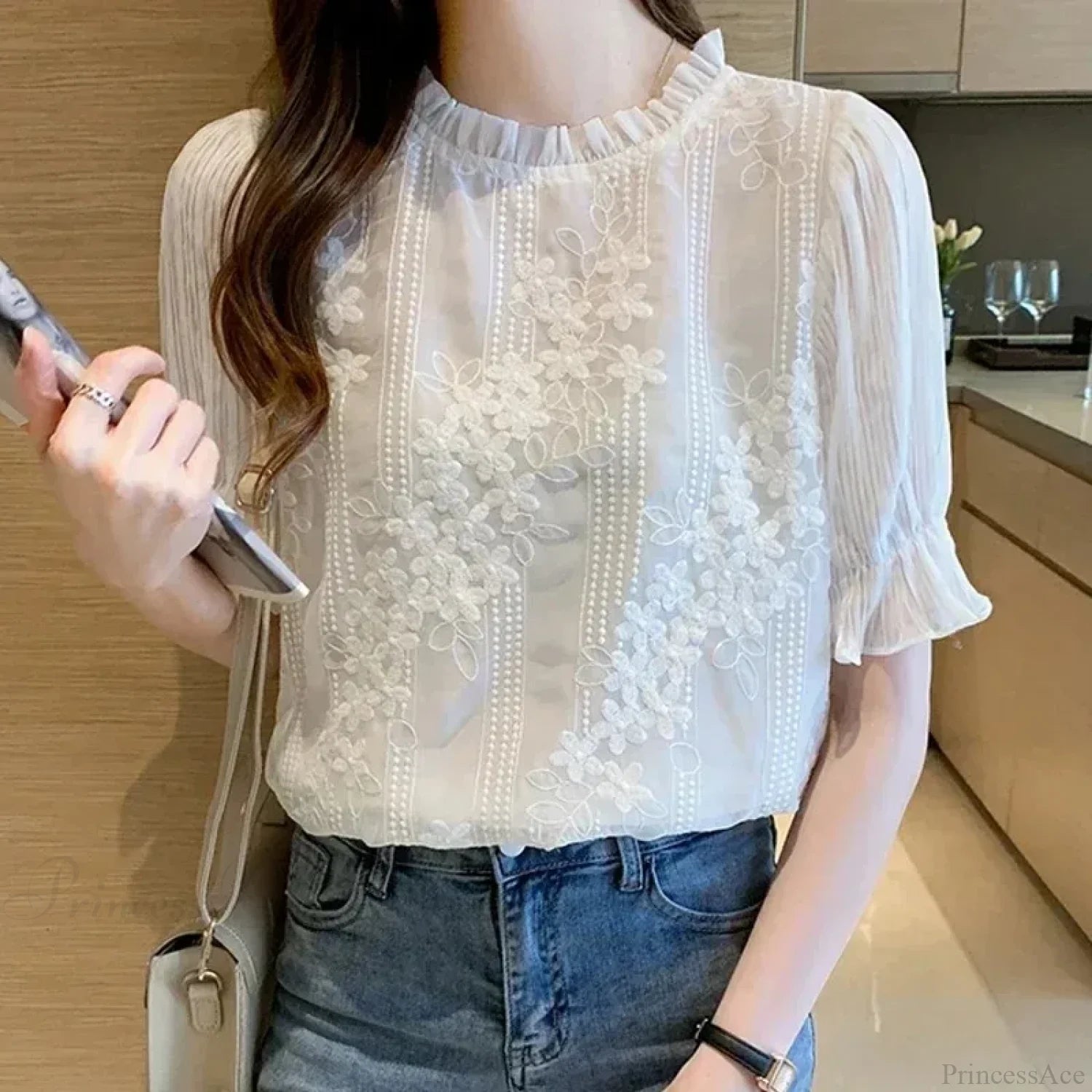 Lace Chiffon Short Sleeve Embroidery Blouse blouse-250126