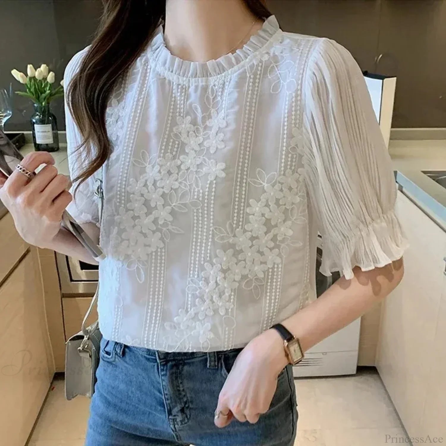 Lace Chiffon Short Sleeve Embroidery Blouse WHITE / S blouse-250126