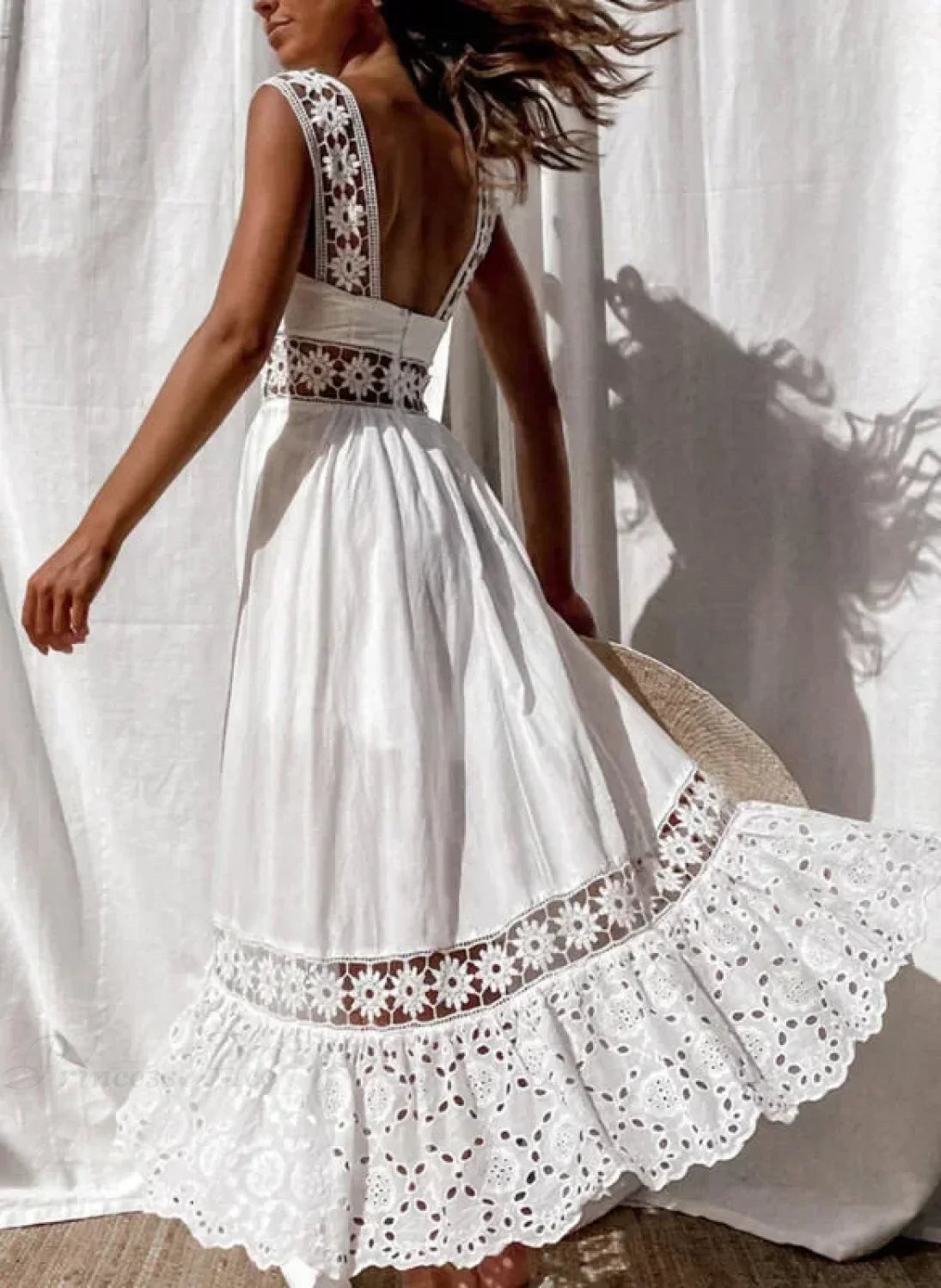 Lace Cotton Sleeveless White Hollow Out Maxi Boho Sundress bohodress-250126