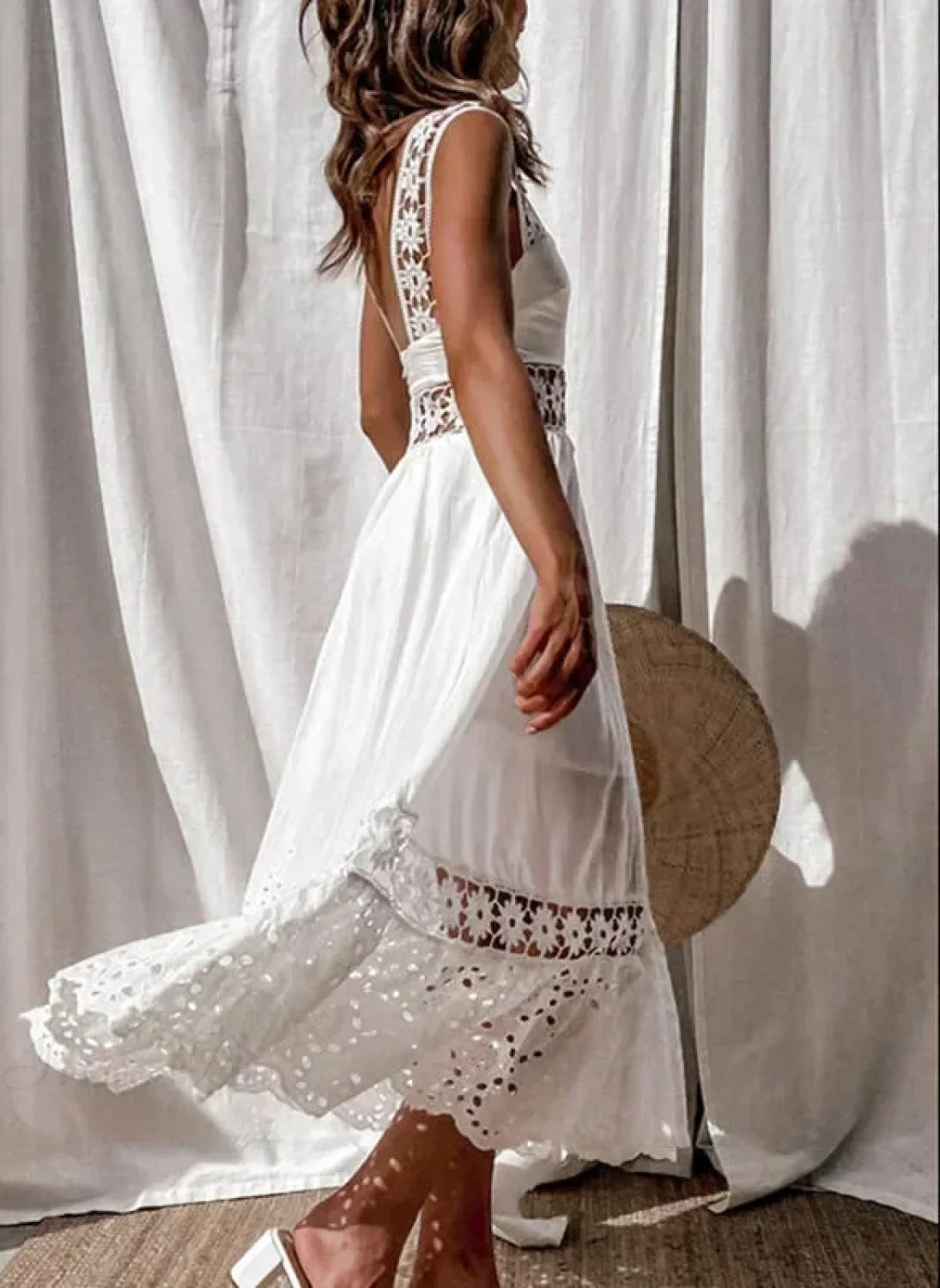 Lace Cotton Sleeveless White Hollow Out Maxi Boho Sundress bohodress-250126