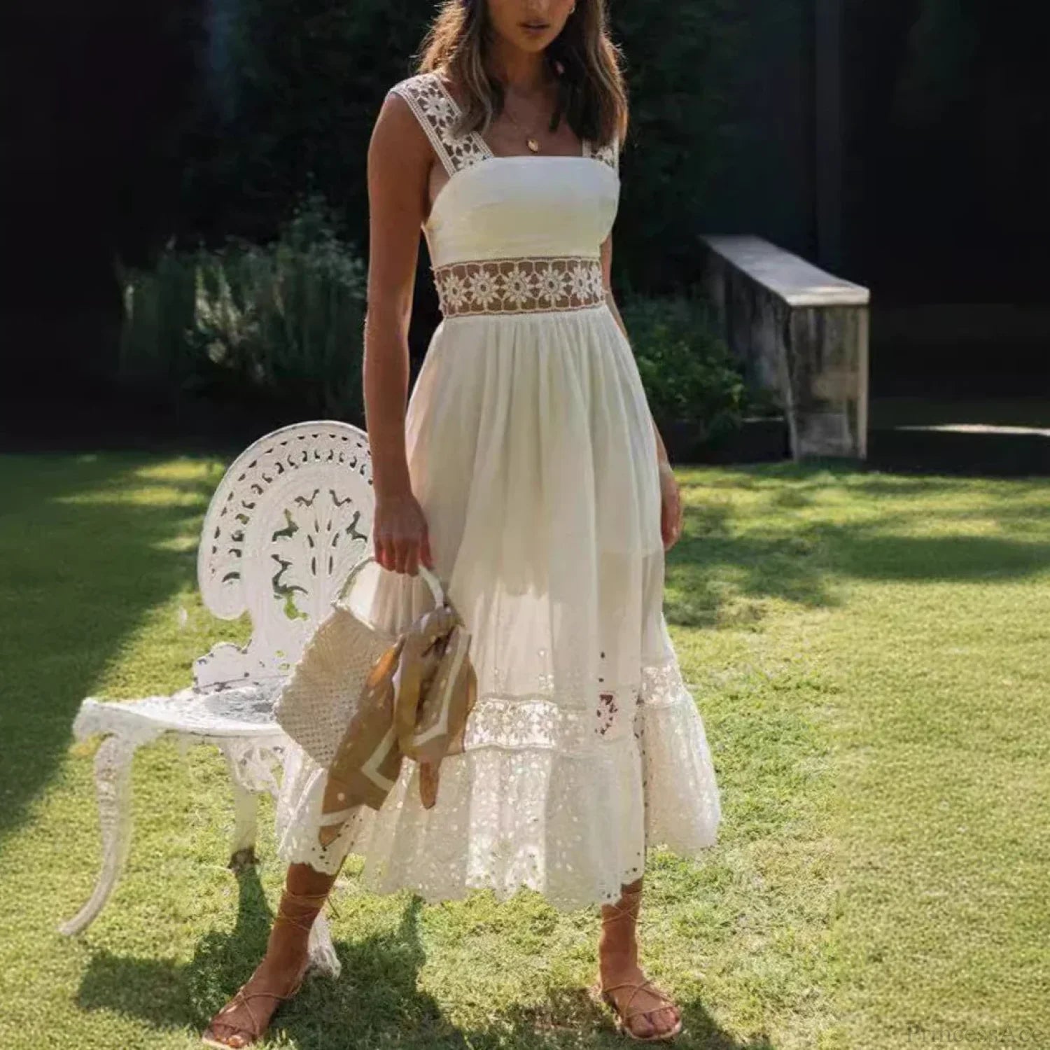 Lace Cotton Sleeveless White Hollow Out Maxi Boho Sundress bohodress-250126