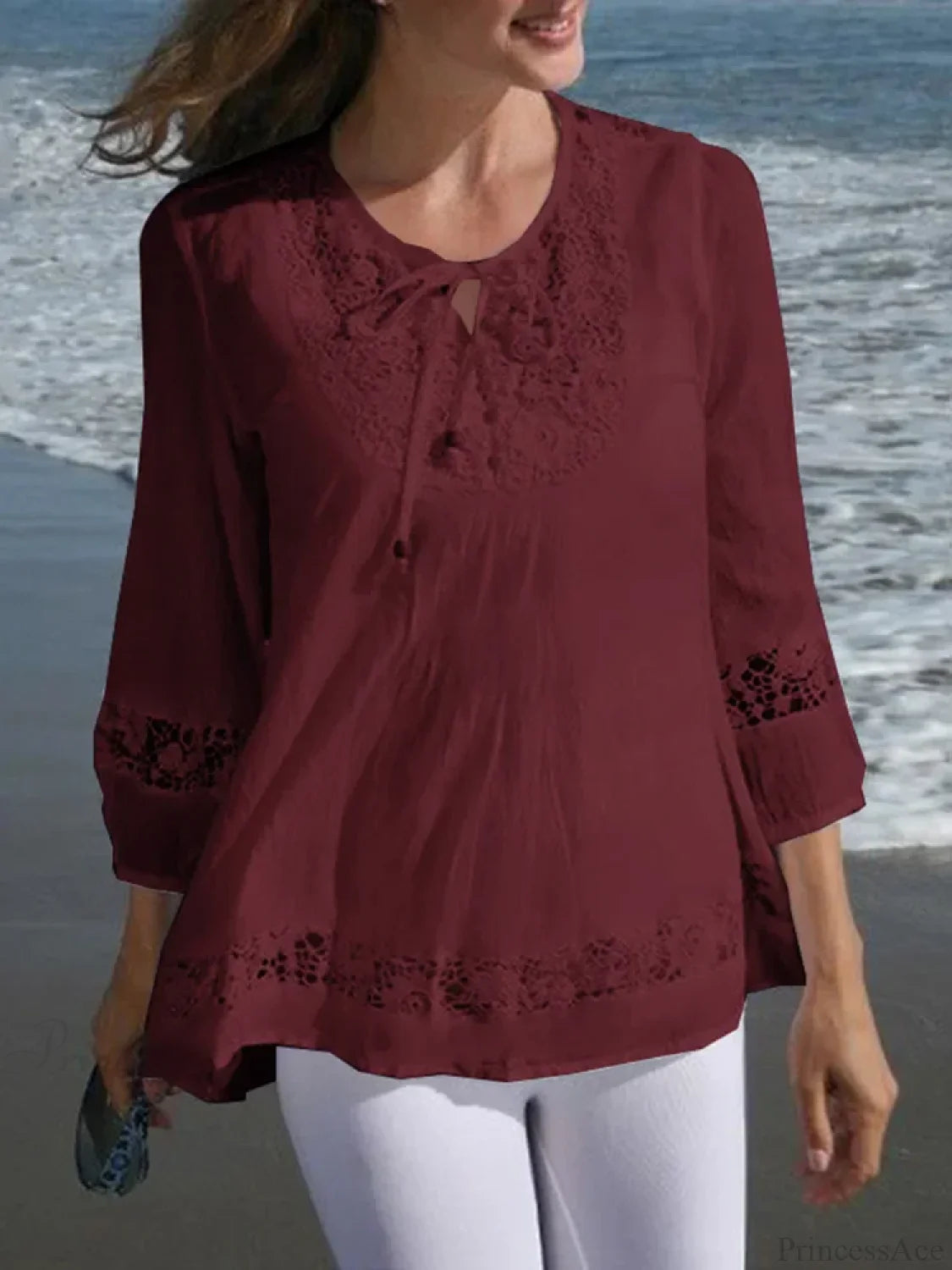 Lace Crochet Casual Patchwork Blouse Wine Red / S blouse-250126