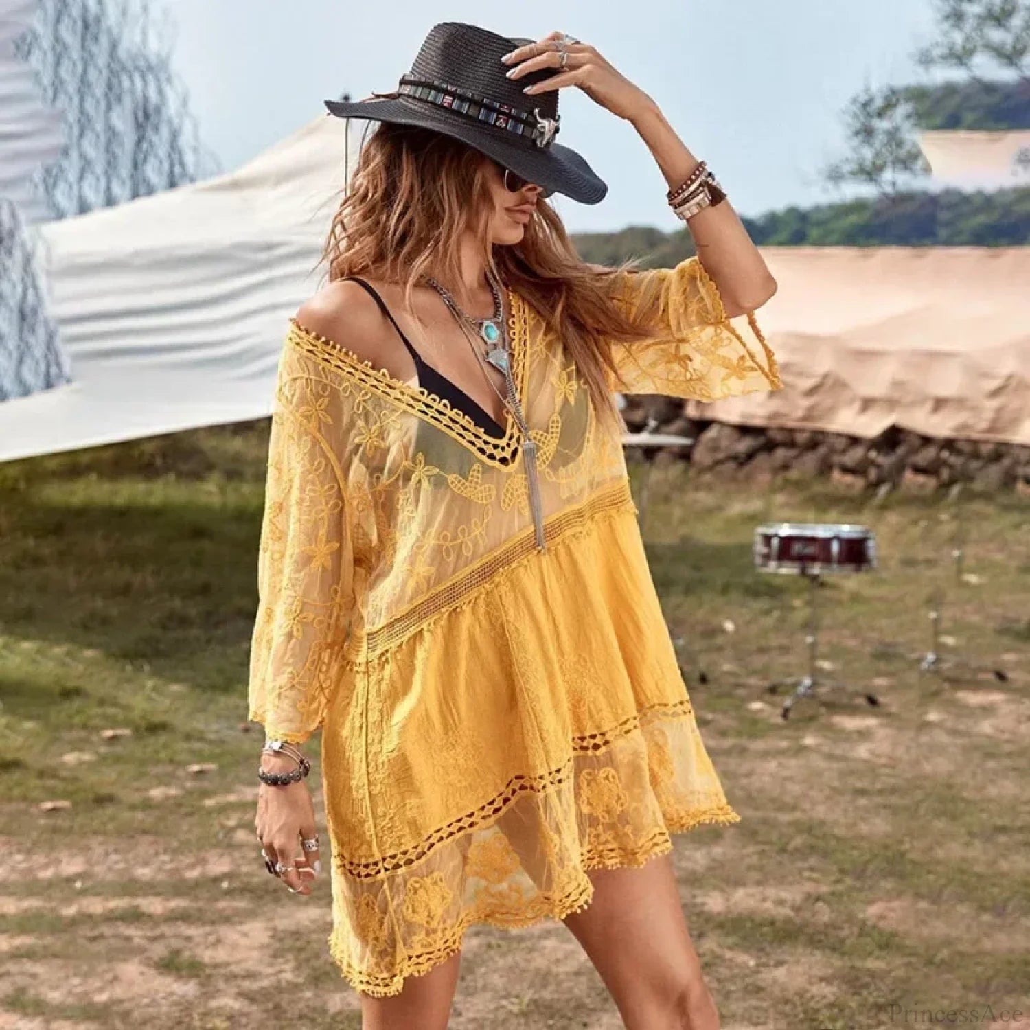 Lace Deep V-neck Floral Embroidery Boho Cover up bohocoverup-250126