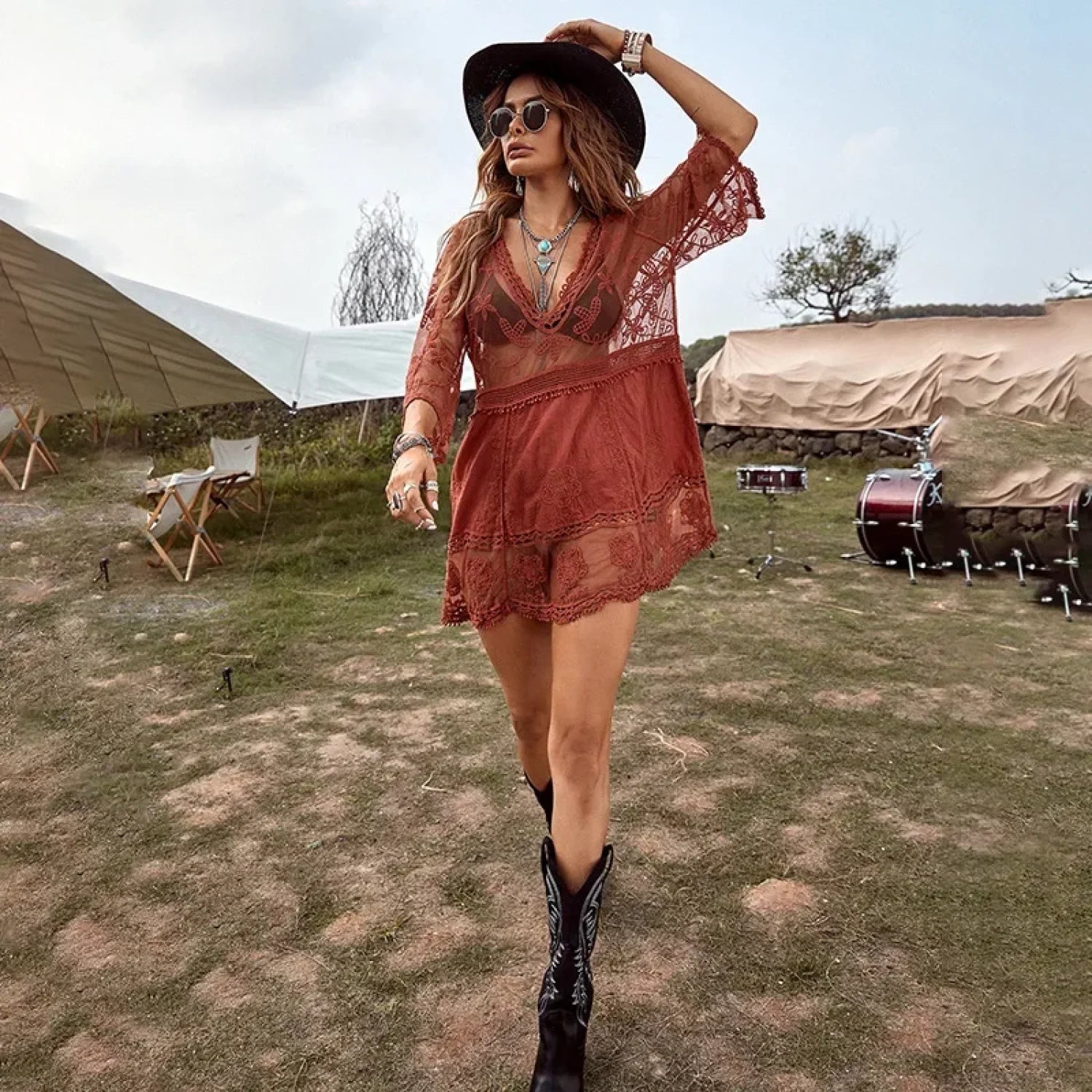 Lace Deep V-neck Floral Embroidery Boho Cover up bohocoverup-250126