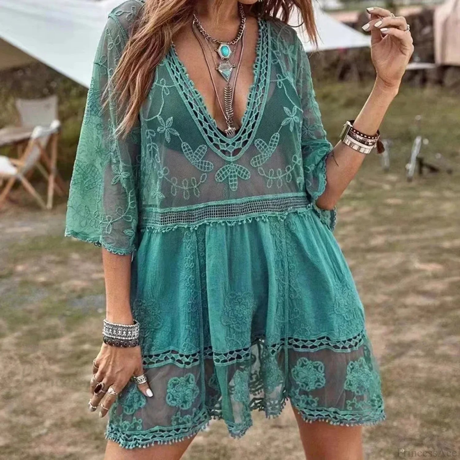 Lace Deep V-neck Floral Embroidery Boho Cover up Green / One Size bohocoverup-250126