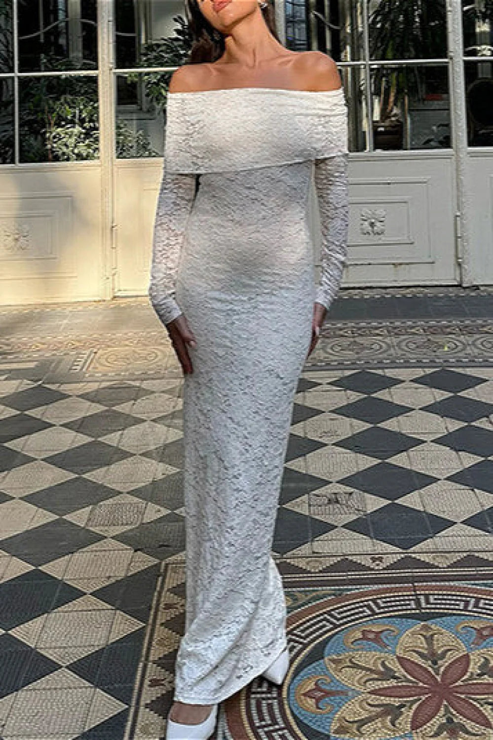 Lace Embroidered Off Shoulder Fitted Maxi Dress White / S