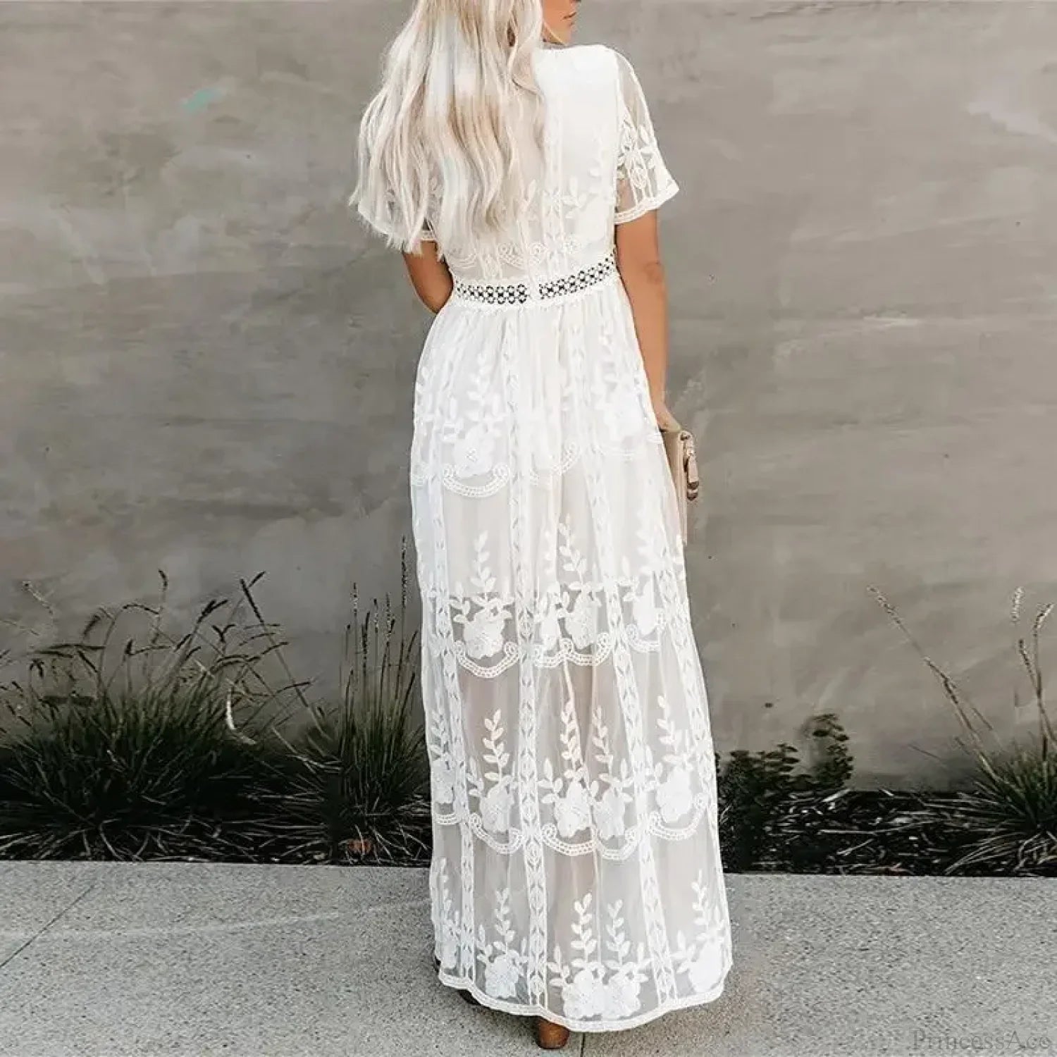 Lace Embroidery Patchwork Long Sleeve White Boho Dress bohodress-250126