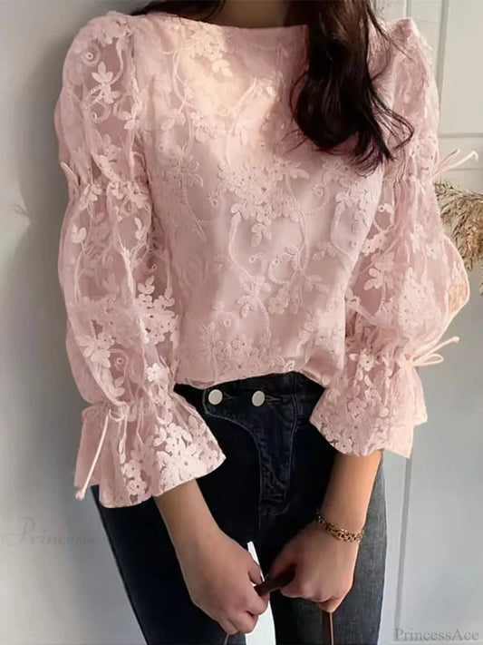 Lace Embroidery Puff Sleeve Blouse Pink / S blouse-250126