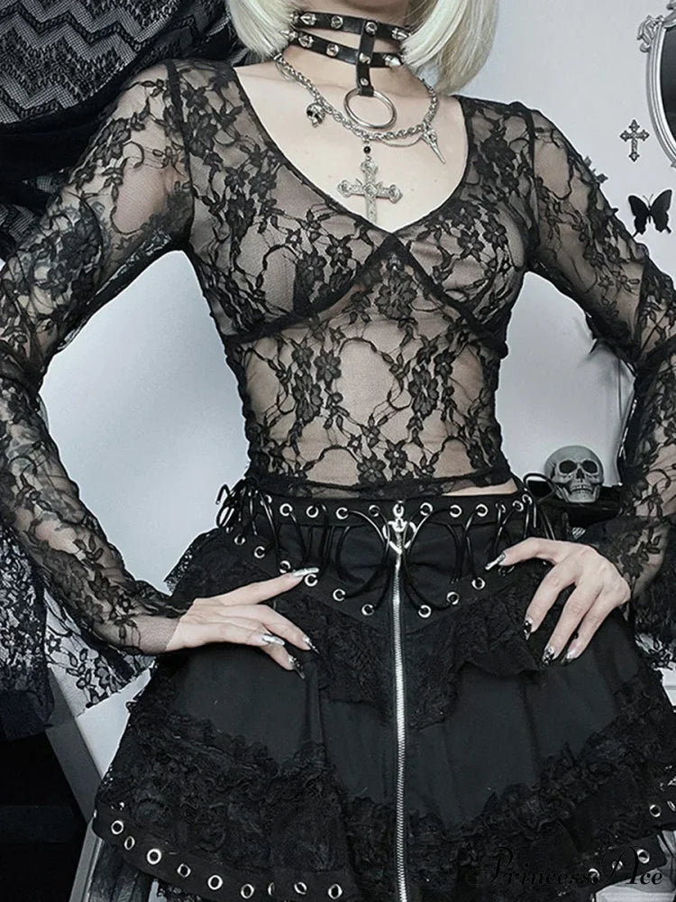 Lace Fairy Grunge V-Neck See-Through Slim Fit Stylish Elegant Trendy Classic Crop Top