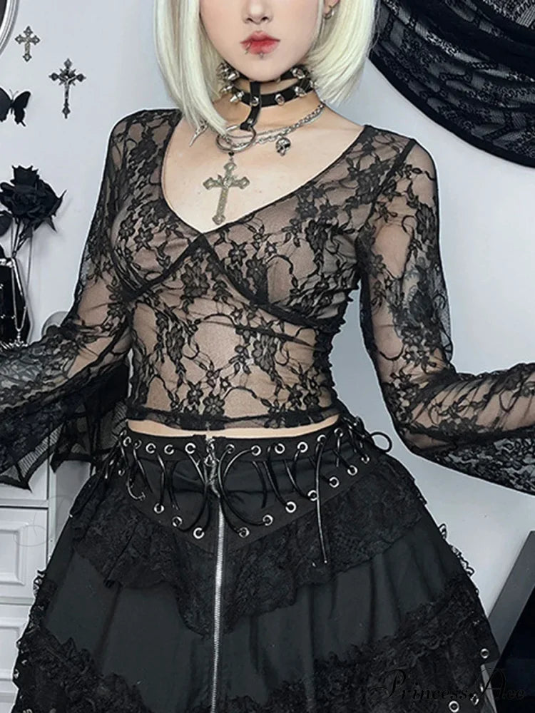 Lace Fairy Grunge V-Neck See-Through Slim Fit Stylish Elegant Trendy Classic Crop Top