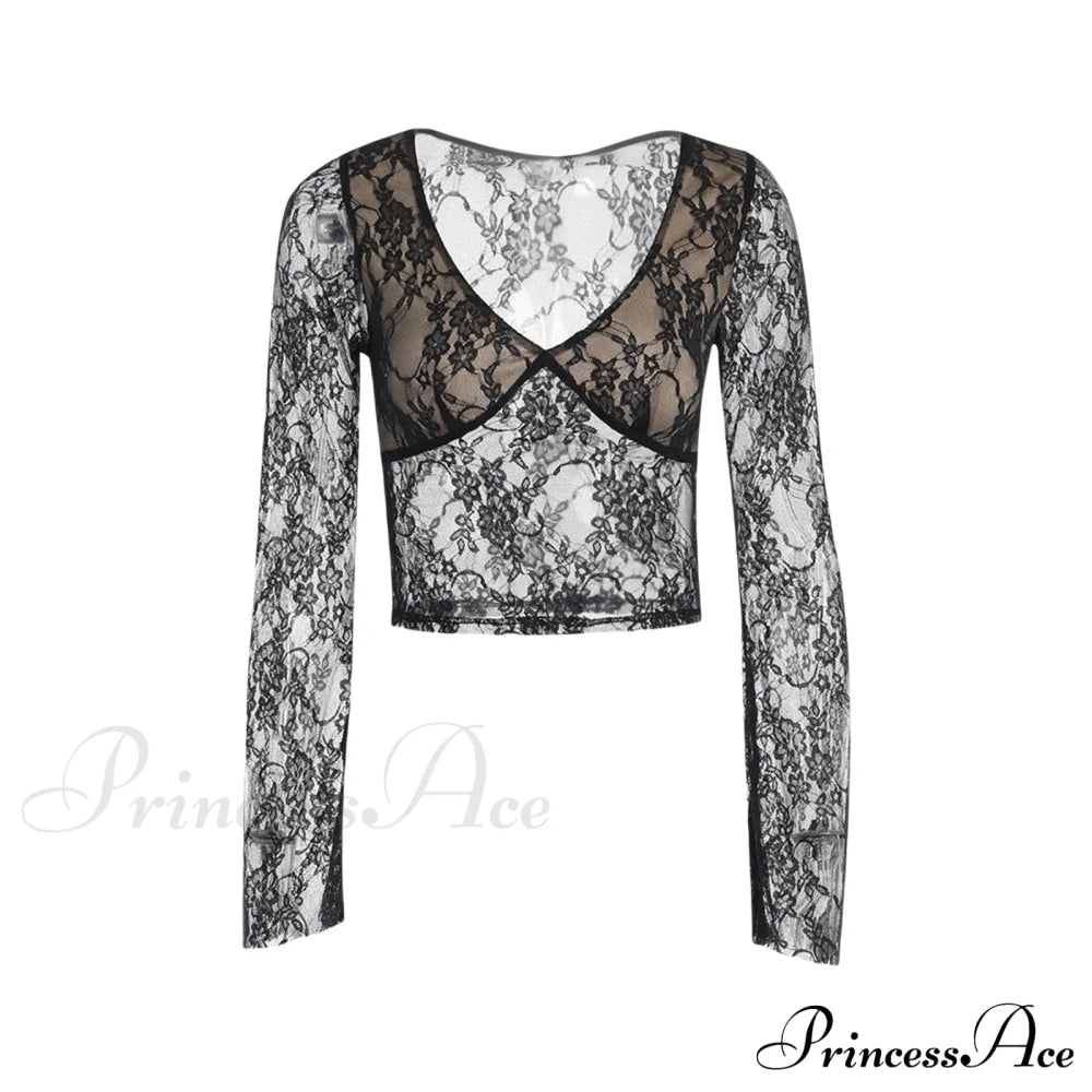 Lace Fairy Grunge V-Neck See-Through Slim Fit Stylish Elegant Trendy Classic Crop Top Black / S