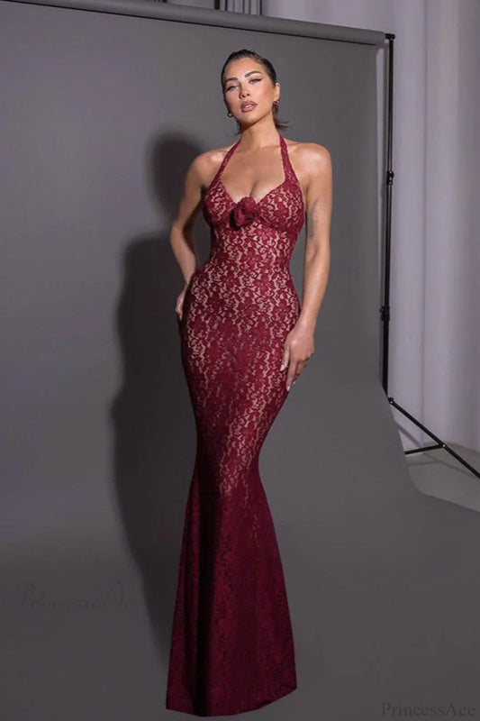 Lace Fitted Halter Bodycon Maxi Dress