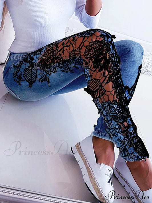 Lace Floral Crochet Hollow-Out Jeans