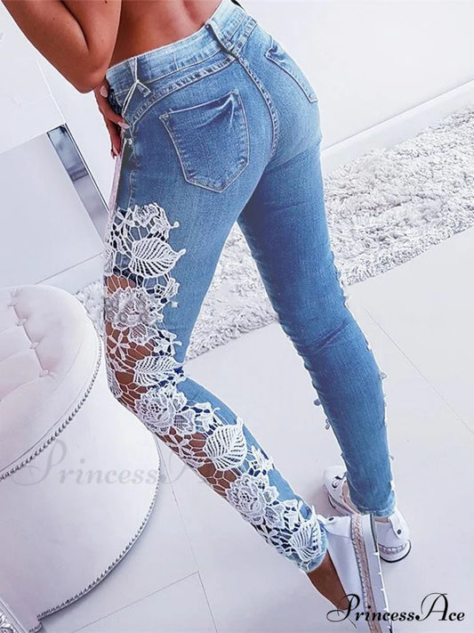 Lace Floral Crochet Hollow-Out Jeans Sky Blue / S