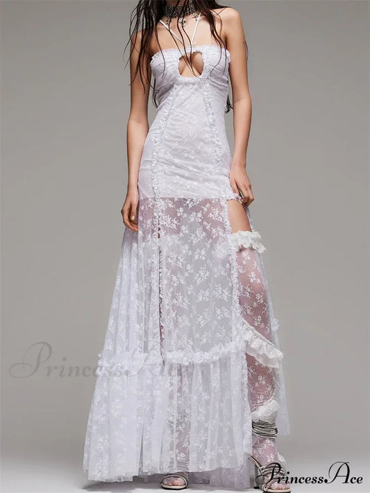 Lace Floral Halter Tie-Up Off Shoulder For Women Mesh See Through High Split Hollow Out Vestido